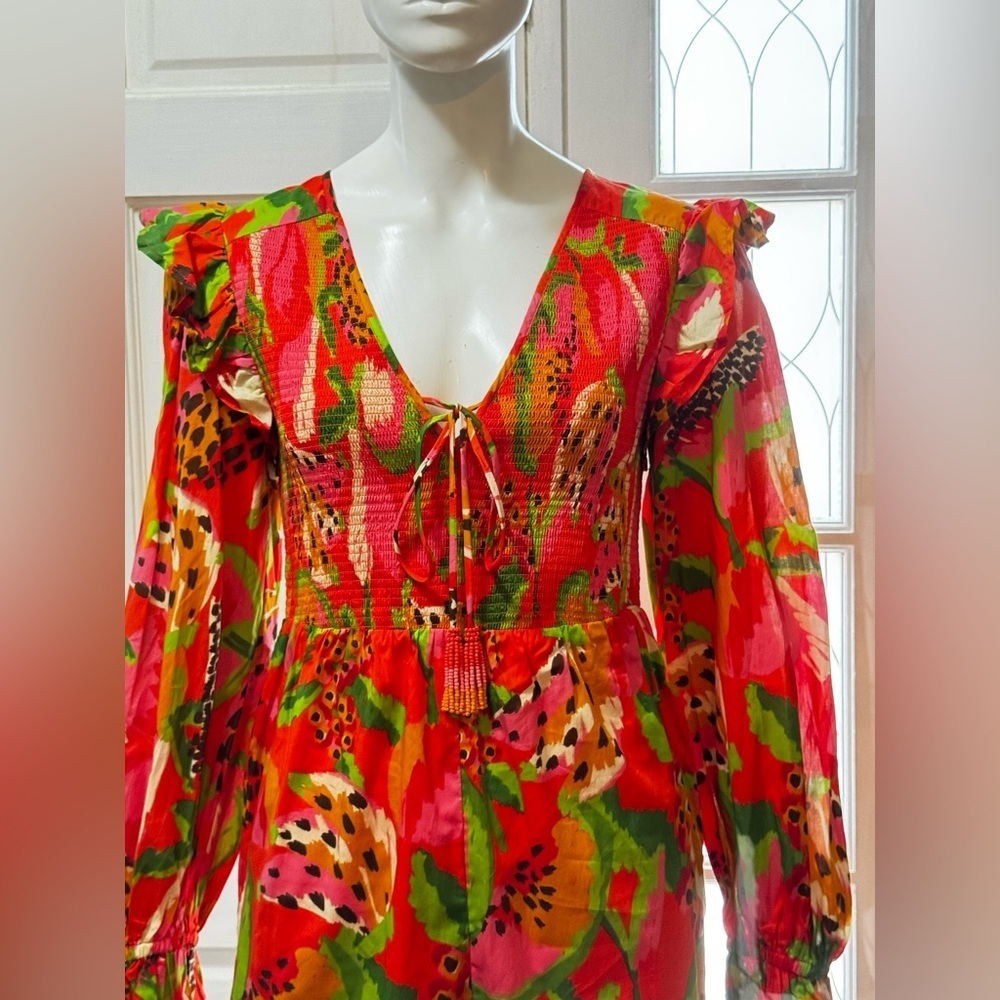 FARM RIO Tropical Ruffle Sleeve Romper Women Small Smocked Red Motif V-neck NWT - Picture 8 of 16